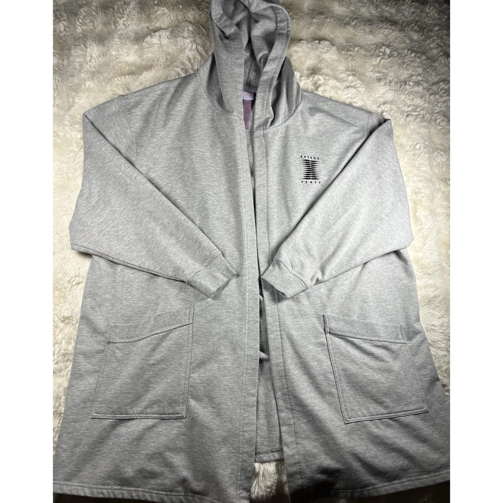 Savage X Fenty Hooded Cardigan Robe Womens XL 1X Grey Oversized Open Front SweA5
